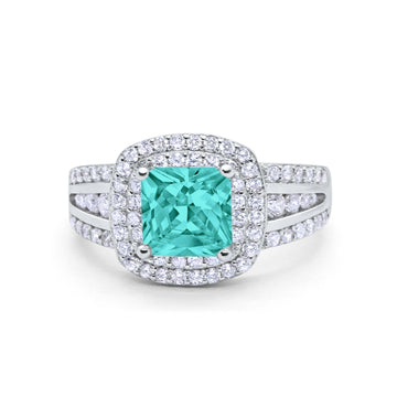 Halo Art Deco Wedding Ring Princess Cut Round Simulated Paraiba Tourmaline CZ 925 Sterling Silver